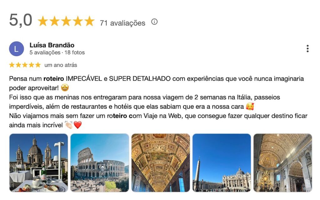 Avaliação de clientes que contrataram roteiro personalizado